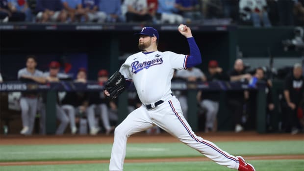 Texas Rangers starting pitcher Jordan Montgomery throws a pitch in the first inning against the Arizona Diamondbacks in game two of the 2023 World Series at Globe Life Field. (2023)